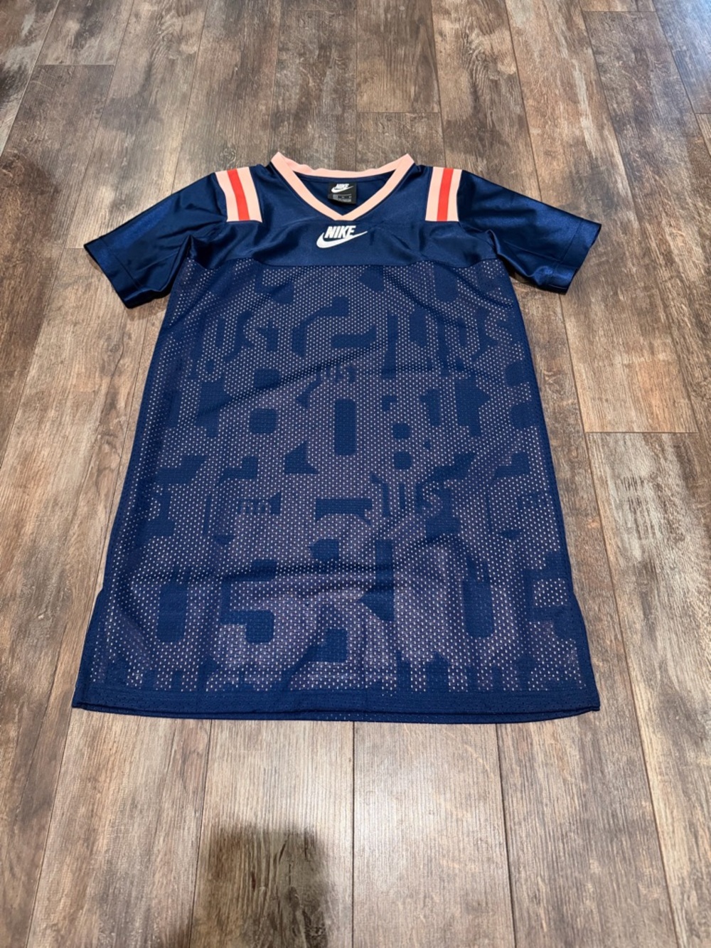 Nike Girls Navy Mesh Athletic Shirt with Pink and Coral Shoulder Stripes